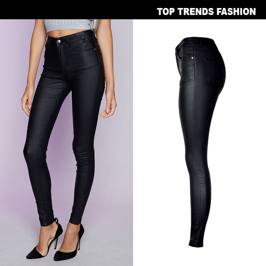 European And American Women's High-Waist Slim-Fit Stretch-Coated Imitation Leather Pants Denim Feet Pants PU Pocket Motorcycle Models All-Match Large Size