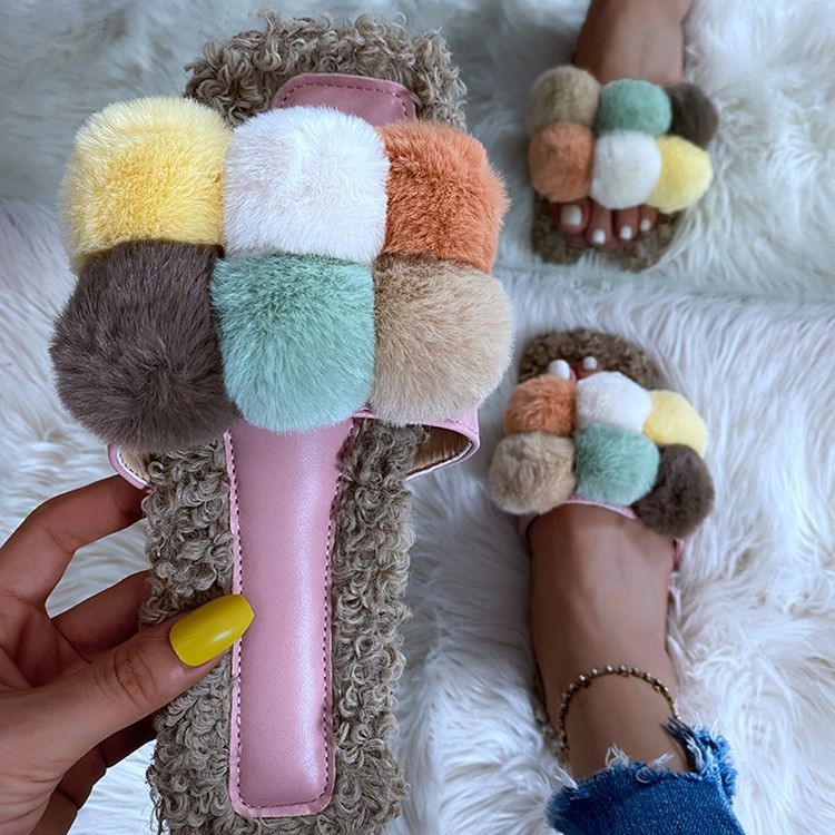 European And American Style Fashion Hair Ball Slippers Amazon Fall winter New Plus Size