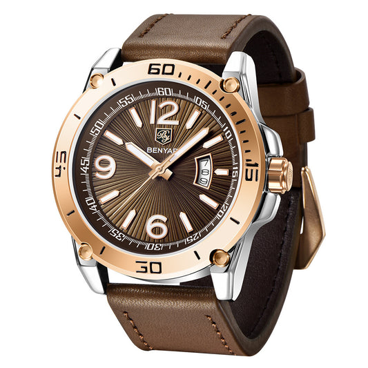 Benyar binya new men s quartz watch multifunctional waterproof luminous fashion sports calendar Leather Watch