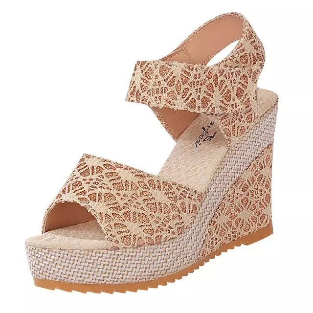 Fish Mouth Wedge Platform Lace Velcro Ladies Sandals