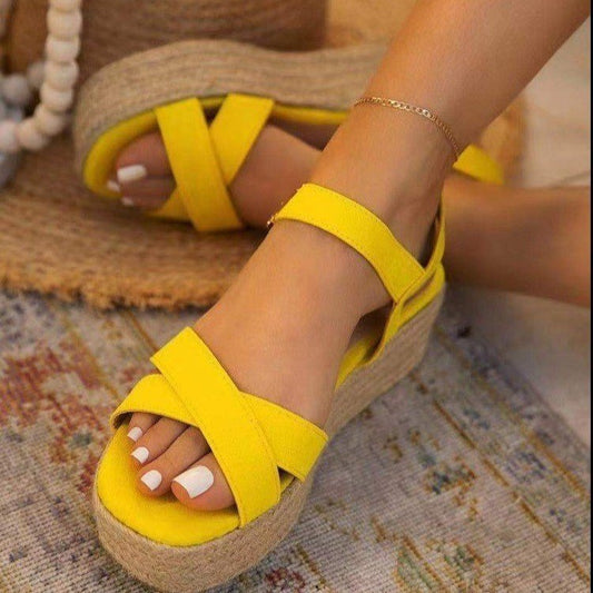New Large Size Platform With Buckle Solid Color Twine Woven Platform Sandals For Women