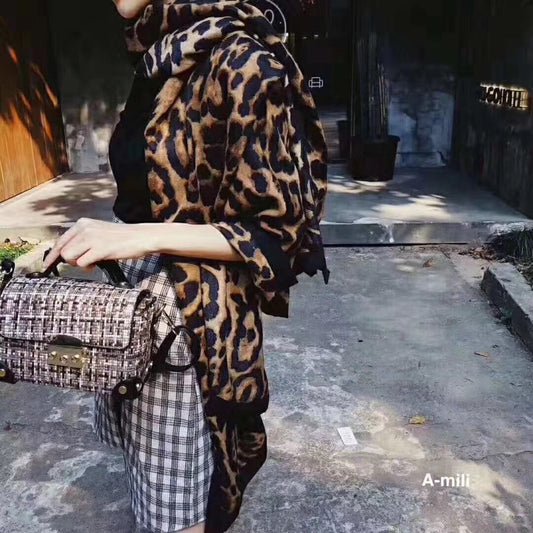 Leopard Print Cotton And Llinen Scarf Women Autumn And Winter Warm Bib Dual-Use Shawl