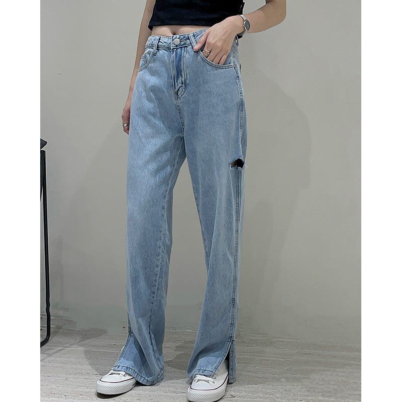 Light Blue Beggar Ripped Wide-leg Jeans