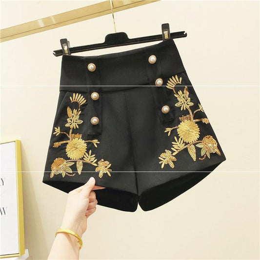 Autumn And Winter French Niche Embroidery Double-Breasted Wide-Leg Shorts Women's Retro Heavy Pearl Buckle High-Waist Sequined Casual Pants