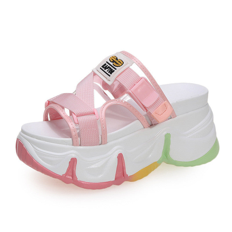 Thick-soled Rainbow Sandals And Slippers Fashion Transparent Sponge Cake High Heels