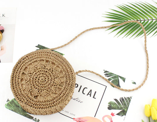 Round Iron Frame Hook Flower And Grass Weaving Bag Single Shoulder Cross Sling Paper Rope Weaving Bag Leisure Beach Women'S Bag