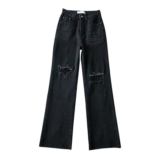 Liviahome Retro Ripped Wide-leg Jeans Female High-waisted Thin Loose Drape Mopping Trousers