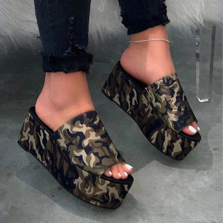Amazon Ebay Sandals And Slippers Female Plus Size Summer Sponge Cake Thick-Bottomed Camouflage Word Drag Flat-Bottom Beach Sandals