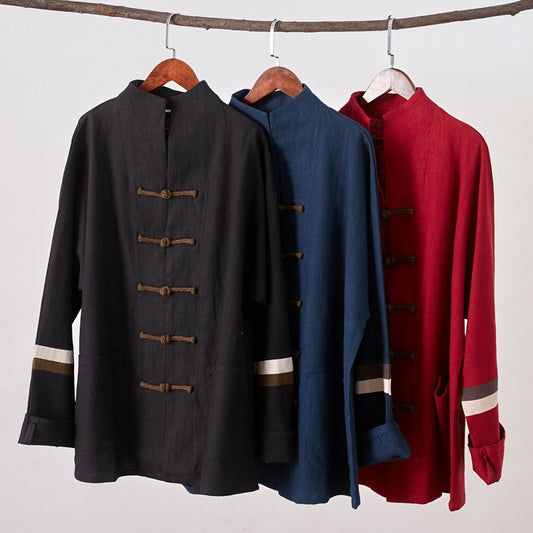 Contrasting Color Stitching Linen Plate Buckle Tang Suit