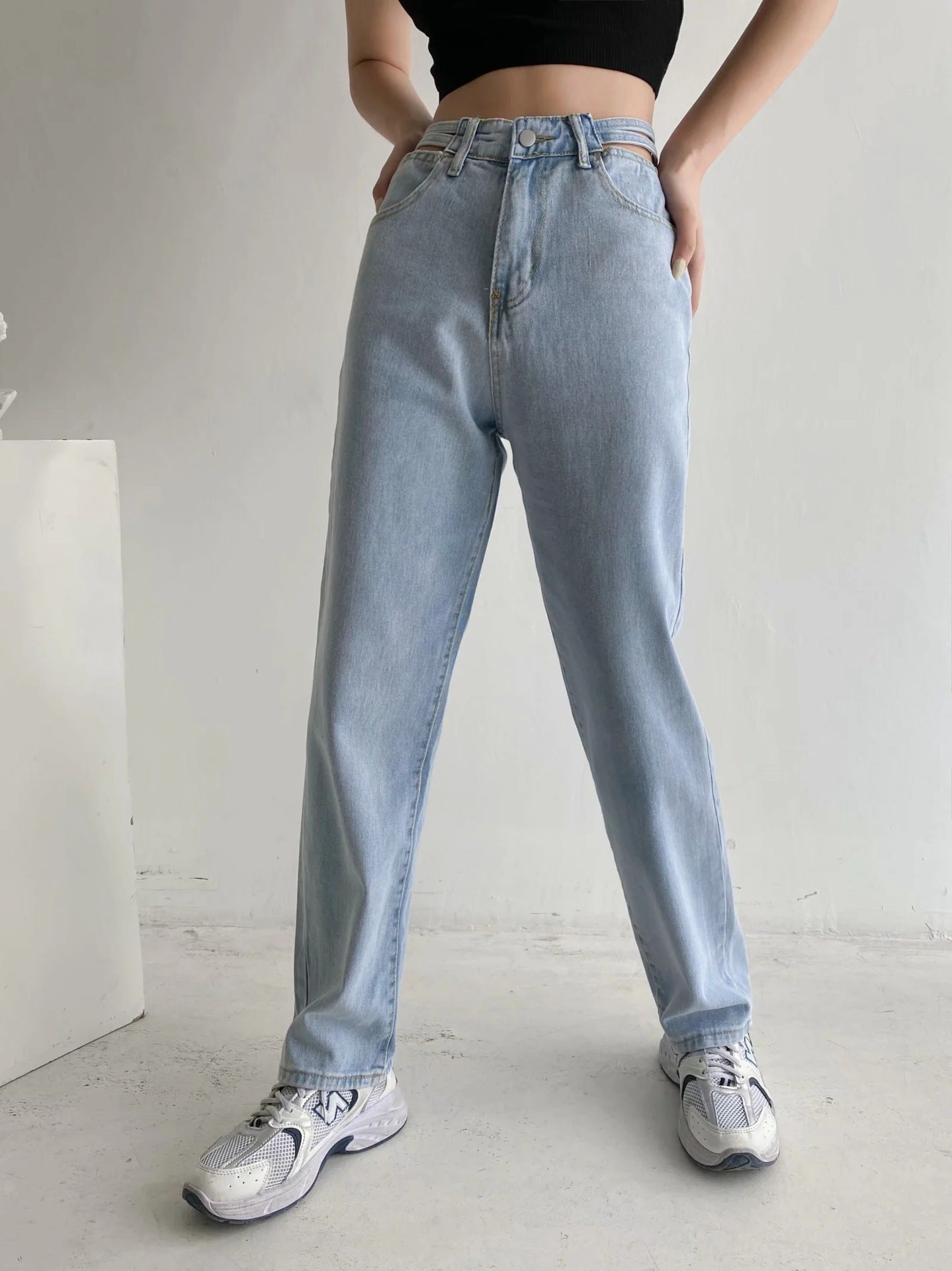 Korean Women's Hollow-waist Jeans Women's Casual Loose Straight Wide-leg Trousers Mopping Pants