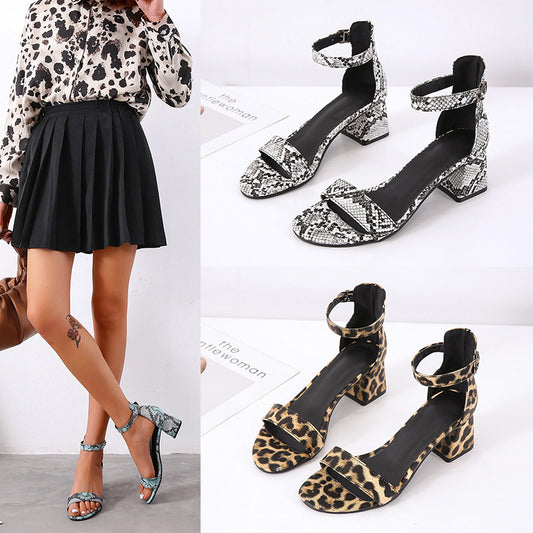 Women's Shoes Thick Heel Open Toe Leopard Print One Word Buckle Female Sandals