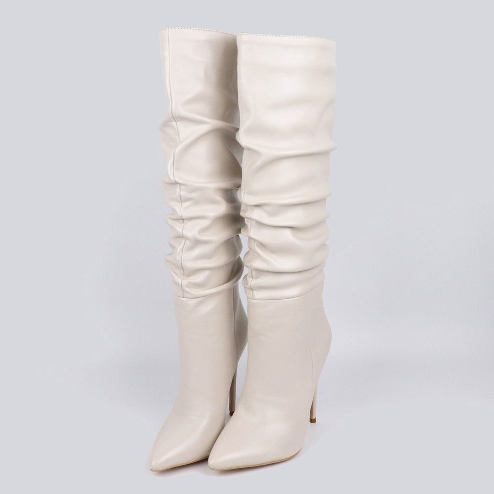 Autumn And Winter Folds Pointed Toe High-Tube Women'S Boots European And American Fashion Sexy Black Women'S Stiletto High Heel