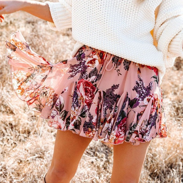 Women Skirt Fashion Prints Floral Elegant Ruffled Chiffon Sk