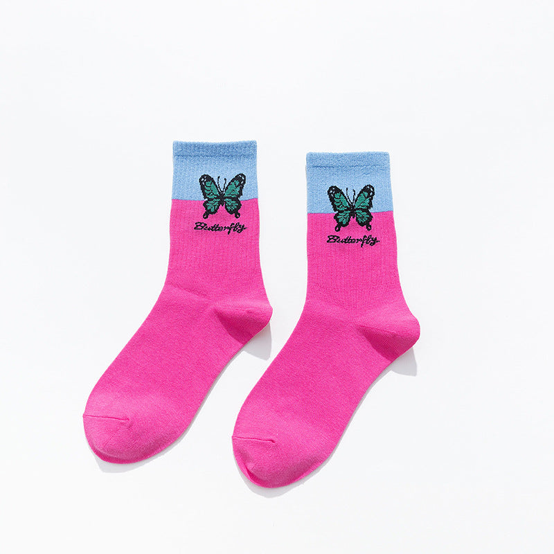 Butterfly Color Matching Socks, Tube Socks, Autumn And Winter Cotton Socks, Korean Style Socks, Student Stockings