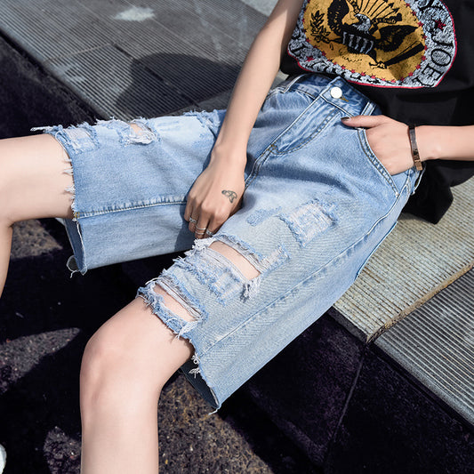 Thin Korean Style Ripped Wide-leg Five-point Pants