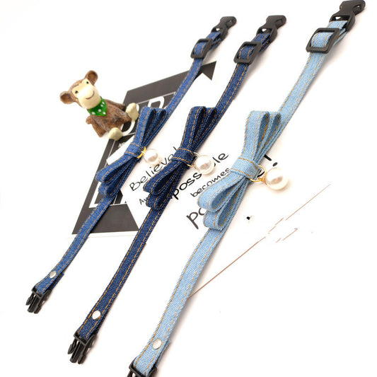Adjust Denim Color Cat And Dog Collar Pearl Bell