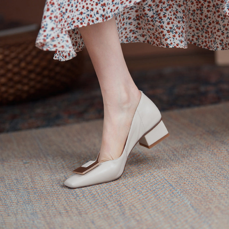 Women's Thick Heel French Retro Shallow Mouth Pink Mid-heel Apricot High Heels