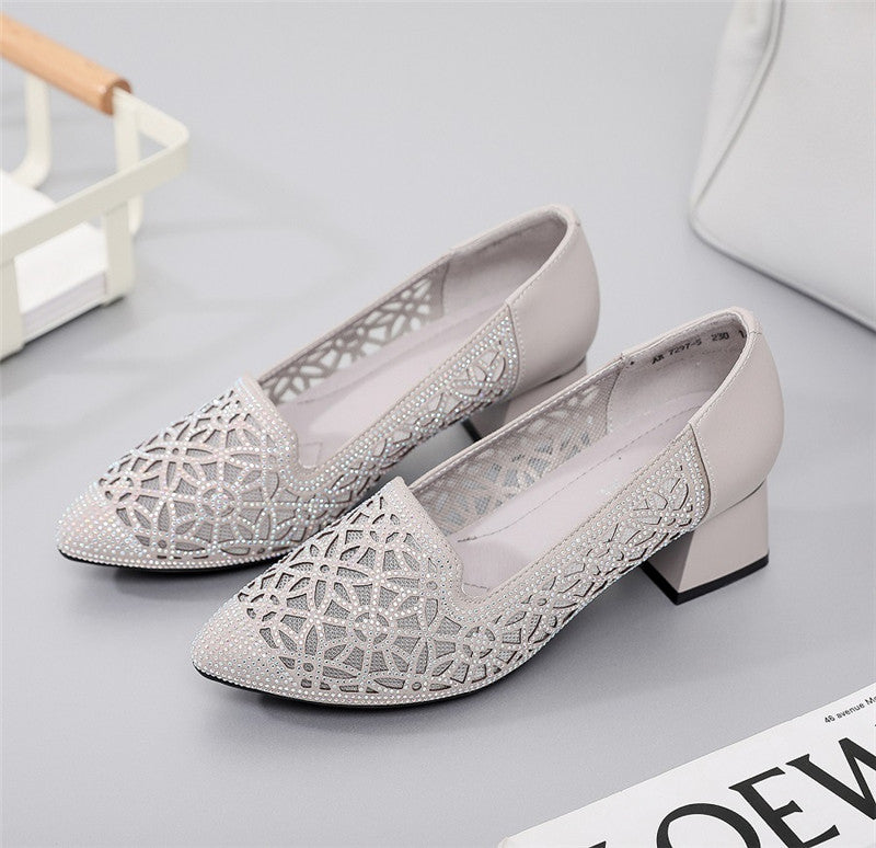 Thick Heel Pointed Toe Leather Fashion Women's Shoes Gauze Rhinestone Women's Single Shoes