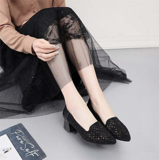 Thick Heel Pointed Toe Leather Fashion Women's Shoes Gauze Rhinestone Women's Single Shoes