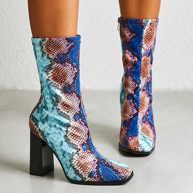 Women's Boots Thick High-Heeled Boots Snake Print Skinny Boots Martin Boots