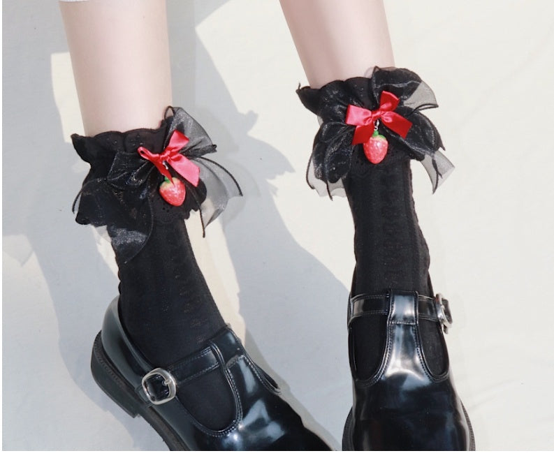 Japanese Strawberry Tube Socks Lolita Mesh Summer Cotton Socks Cute Girl Lace Socks