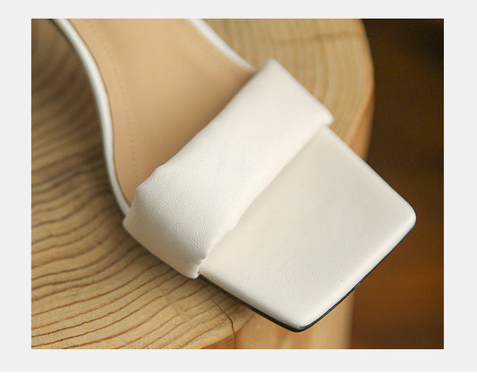 Color Matching Block Heel High Heels Women's Leather Open Toe Sandals With One Word Buckle