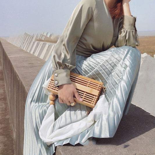 Antique New Ins Rattan Woven Bag Light Luxury Woven Bag Straw Woven Bag Vacation Portable Shoulder Bag Bamboo Basket Bag Female