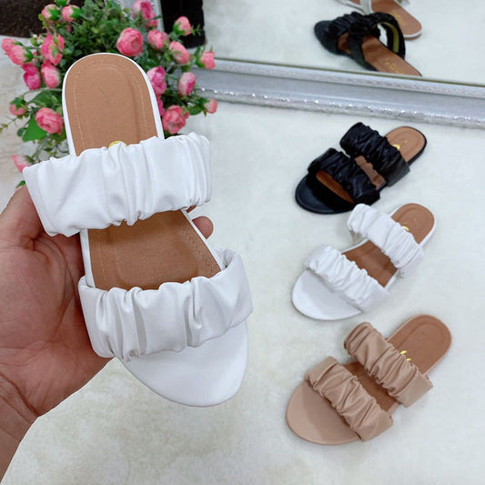 Faux Leather Folds One-word Women's Fashion Slippers
