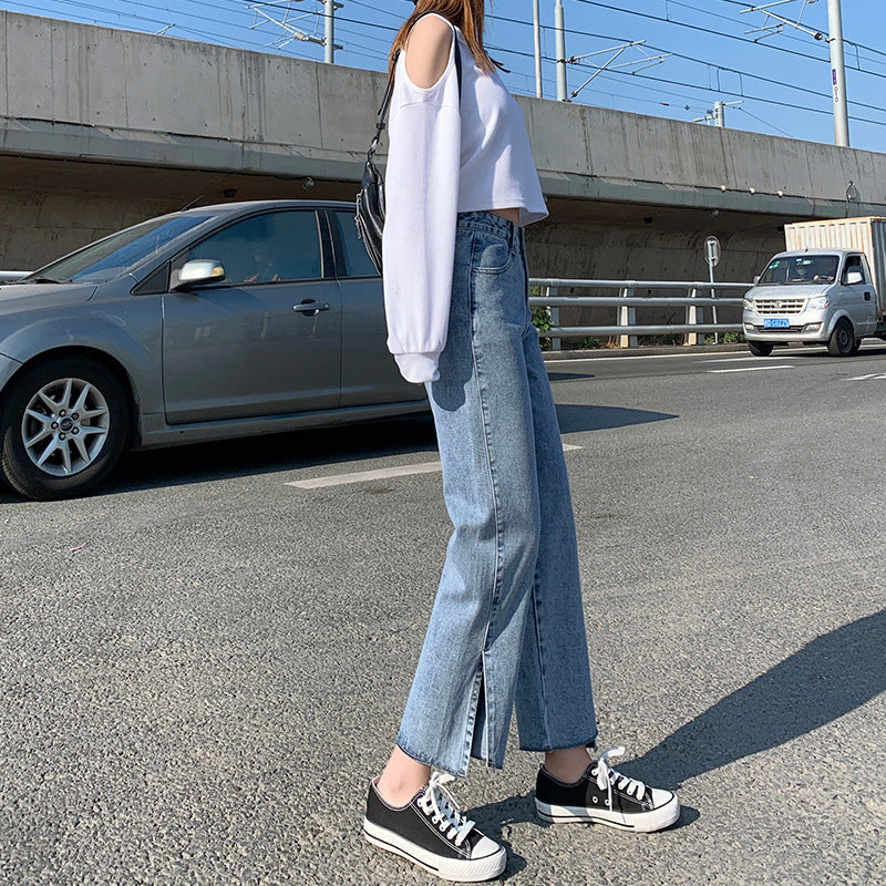 High-Waisted Wide-Leg Split Jeans Women's Straight Loose Loose Spring And Autumn Summer New MM Was Thin Split Trousers Urban Tide