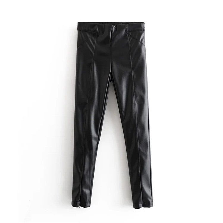 Women's Autumn And Winter Tight Leg Revealing Leather Pants