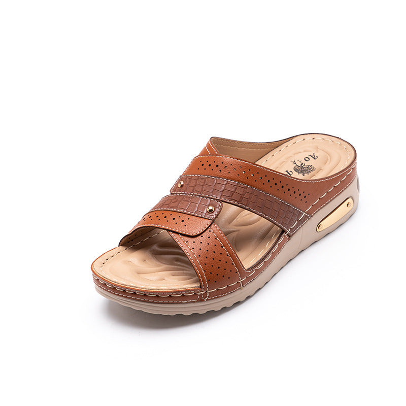 European And American Flip-Flops Cross Border Wedge Heel Thick Soles Comfortable Non Slip Mother Shoes Rivet Slippers Women