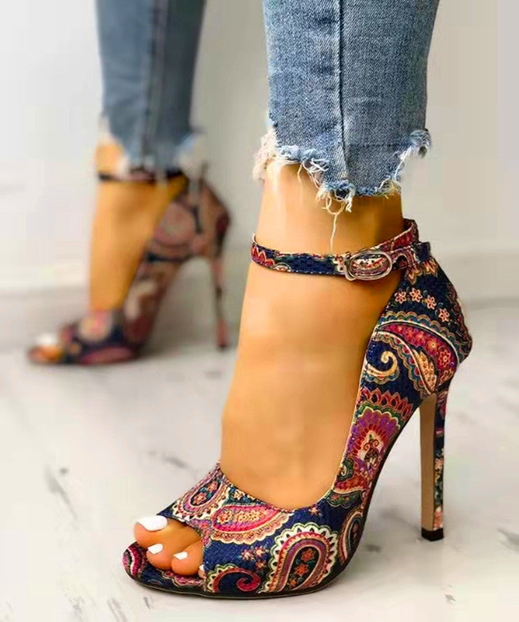 Foreign Trade New High Heeled Shoes Large Size Sandals Ethnic Printing Fish Mouth Shoes One Word Buckle High Heeled Women'S Sandals