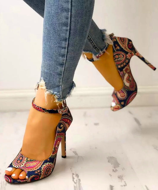 Foreign Trade New High Heeled Shoes Large Size Sandals Ethnic Printing Fish Mouth Shoes One Word Buckle High Heeled Women'S Sandals