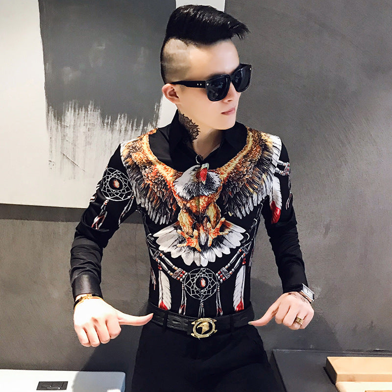 Men'S Tough Guy Style Slim Printed Long-Sleeved Shirt Fashion Korean Casual Printed Cardigan Men