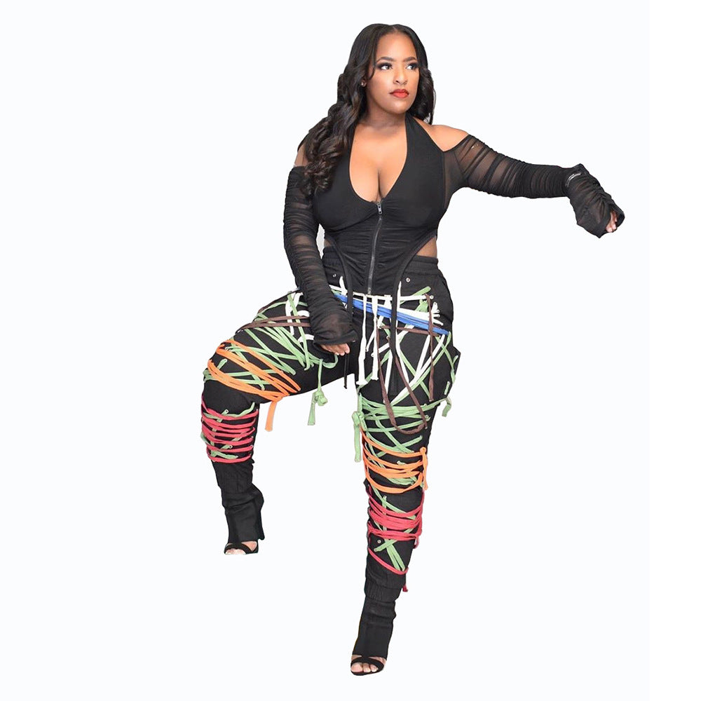 European And American Fashion Women'S Fashion Dark Belt Pants