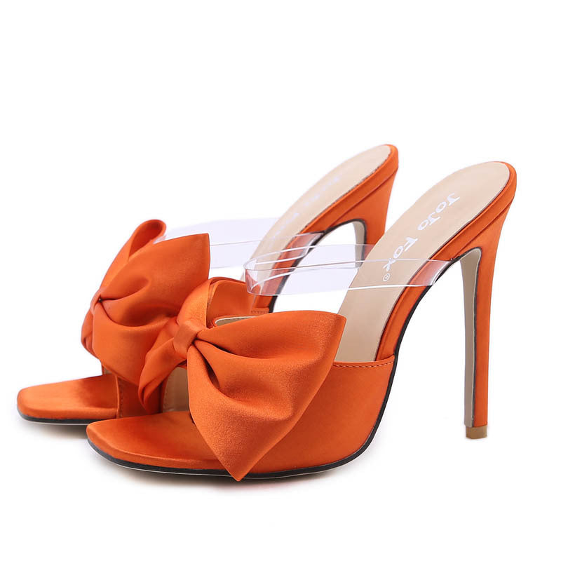 Fashion Big Bow Square Head Toe Stiletto High Heel Sandals And Slippers