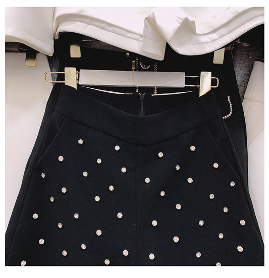 High-waisted Heavy-duty Loose Wide-leg Pants With Diamonds