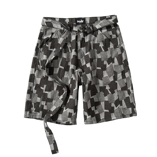 European And American High Street Ins Washed Blue Plaid Straight Loose Five-Point Denim Shorts