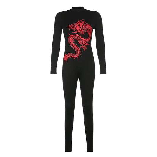 Autumn New Women's Casual Retro Street Dragon Print Fashion Sports Jumpsuit