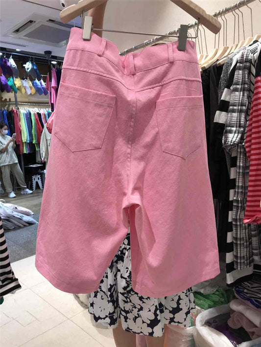 Solid Color High Waist Five-point Wide-leg Pants Loose Casual Trousers