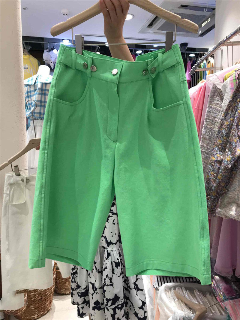 Solid Color High Waist Five-point Wide-leg Pants Loose Casual Trousers