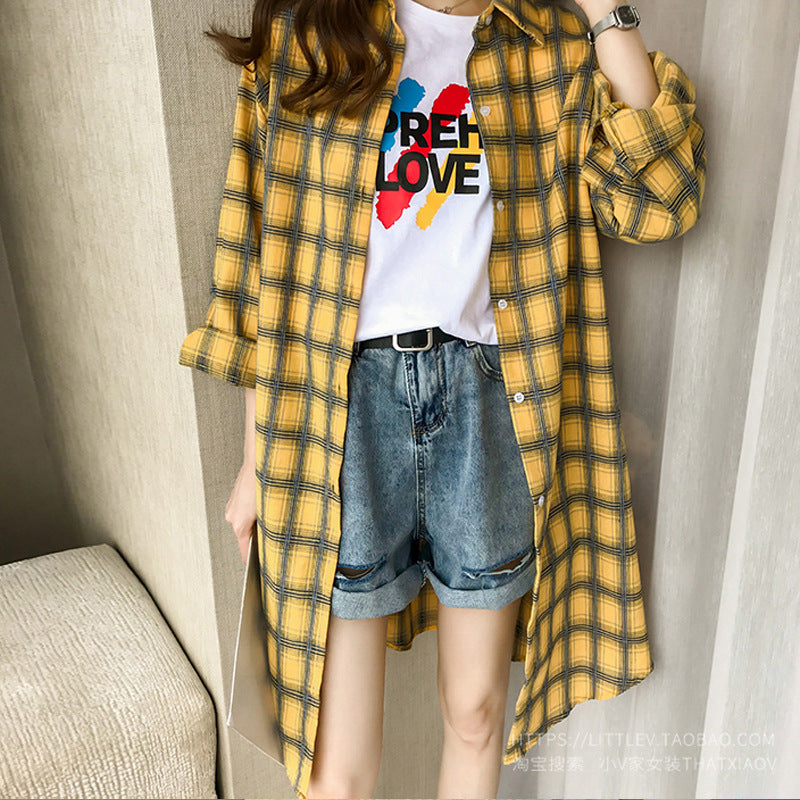 Plaid Shirt Long-Sleeved Thin Coat All-Match Sunscreen Mid-Length Top