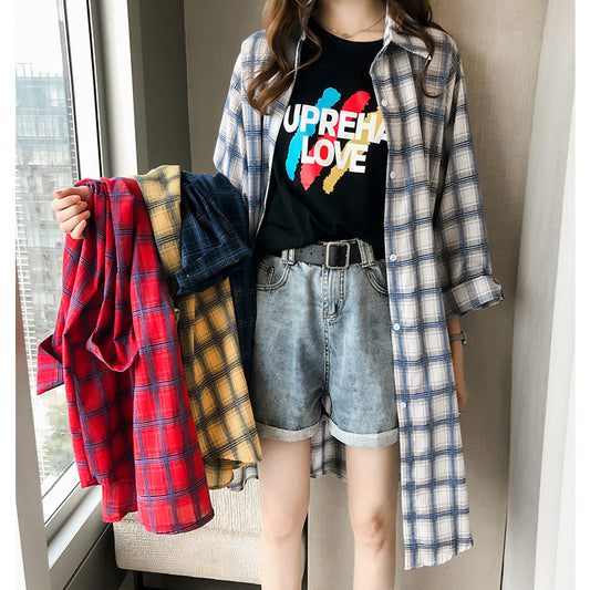 Plaid Shirt Long-Sleeved Thin Coat All-Match Sunscreen Mid-Length Top