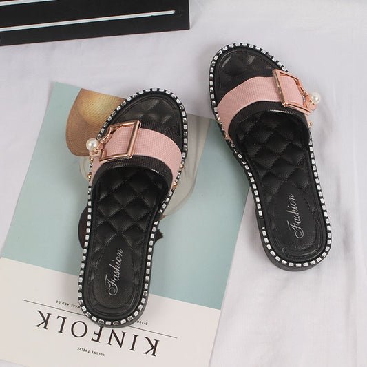 Women's Pearl Buckle Flip Flops Flat Sandals And Slippers