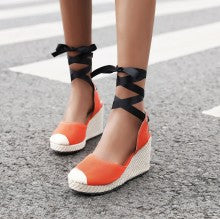 Summer New Slope Heel Waterproof Platform Splicing Strap Hollow Linen Rope Small Flat Sandals Large Size