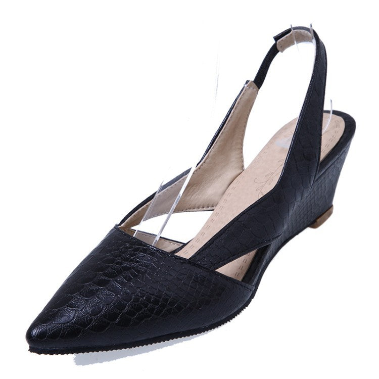 Hollow Wedge Mid-Heel Patent Leather Sandals