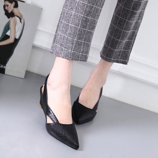 Hollow Wedge Mid-Heel Patent Leather Sandals