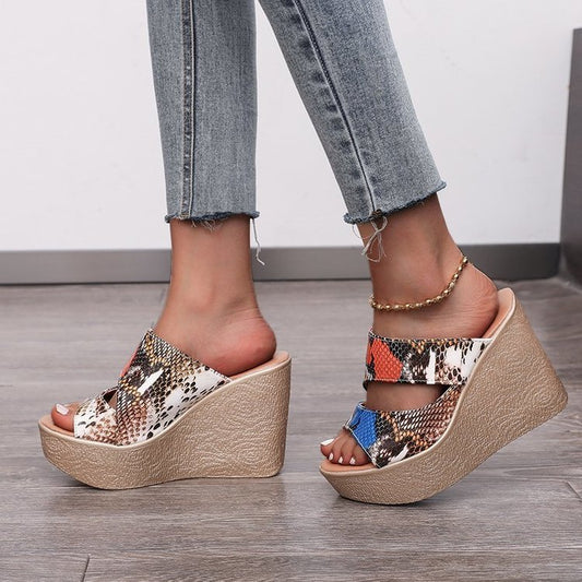 Oreign Trade Plus Size Slope Heel Slippers Women Summer New Style European And American Snake Pattern Sponge Cake Bottom Fish Mouth Heel Sandals And Slippers Women