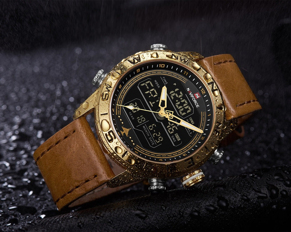 Men's Dual Display Watch Japanese Movement Business Leather Watch Luminous Date
