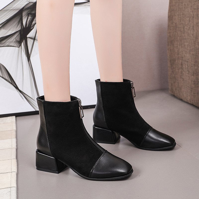 Women's Shoes Retro Square Toe Front Zipper Martin Boots